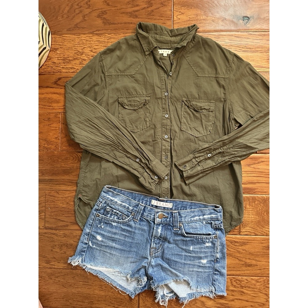 XIRENA Women's S Olive Green Cotton Button Up Shirt Made in USA Utility Top